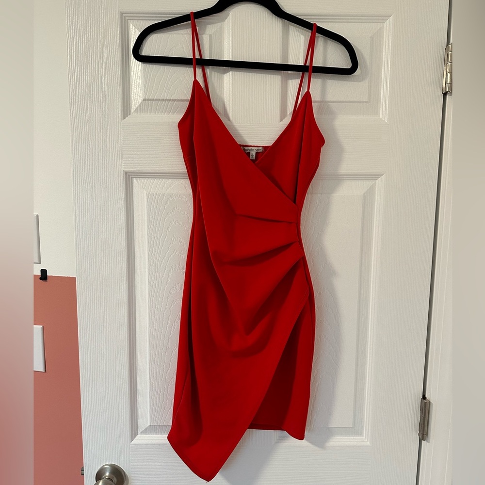 Charlotte Russe Red Asymmetrical Ruched Mini Dress (S)
